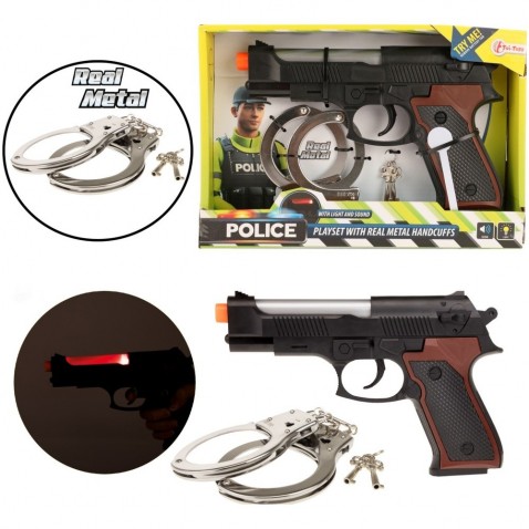 Policajná sada / kov pištoľ 21cm putá s kľúčikom na bat. so svetlom a zvukom