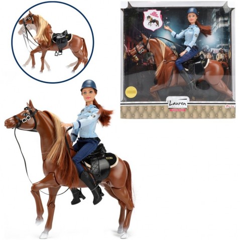 Bábika policajtka kĺbová 30cm na koni so sedlom