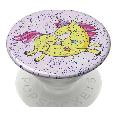 PopSockets PopGrip Gen.2, Glitter Jumping Unicorn, žltý jednorožec na ružovom podklade s trblietkami