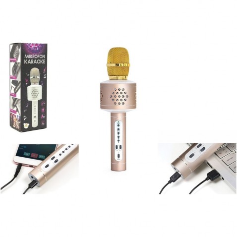 Mikrofón karaoke Bluetooth zlatý na batérie s USB káblom
