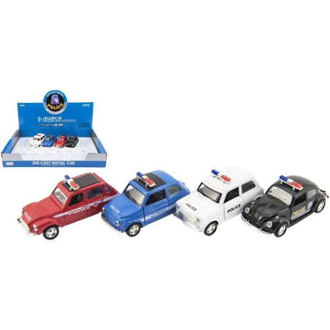 Auto polícia retro 11cm kov/plast na spätné natiahnutie na batérie so svetlom 4 druhy