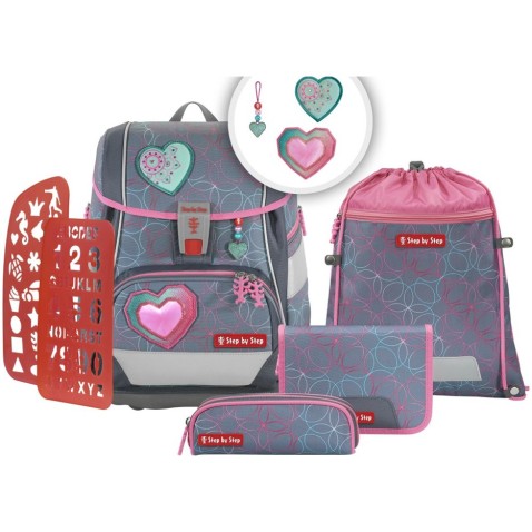 Školská taška pre prváka Step by Step 2IN1 PLUS Glitter Heart Hazle 6dielny set