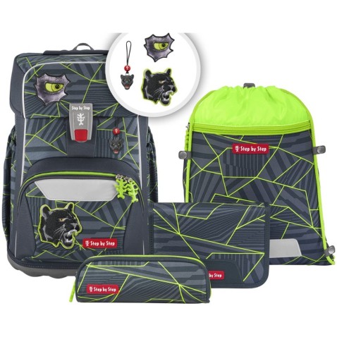 Školská aktovka pre prvákov Step by Step GIANT Dark Cat Chiko - 5dielny set