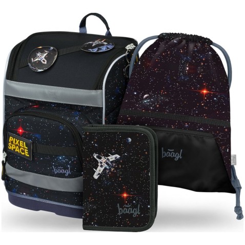Školská taška pre prváka Baagl Zippy plus Pixel Space: aktovka SET, peračník, sáčok