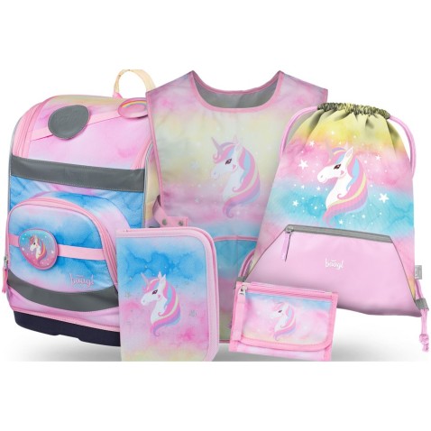 Školský set Baagl Zippy Plus Rainbow Unicorn: školská taška, peračník, vrecko, zástera, peňaženka