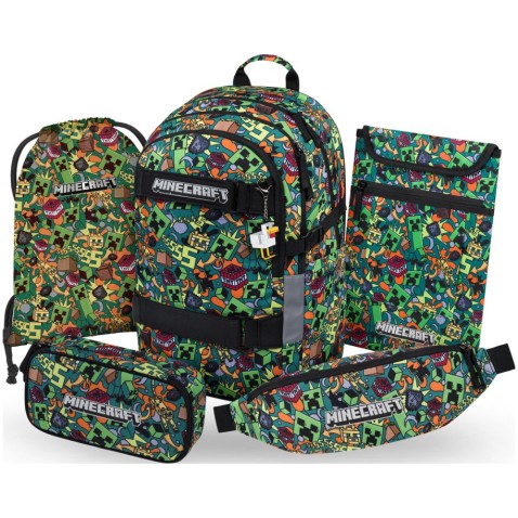 Školský batoh pre 2. stupen Baagl Skate Minecraft chaos 5dielny set