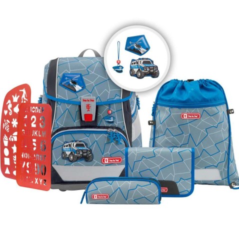 Školská taška/batoh Step by Step 2V1 pre prváčikov Policejné auto 6dielny set