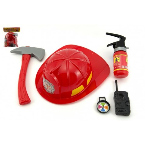 Hasičská sada helma/prilba + hasičák striekajúci vodu 5ks