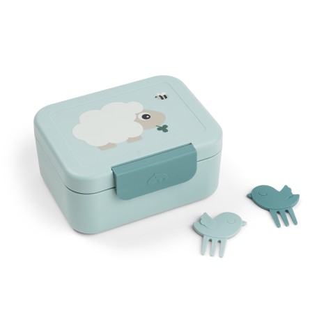 Done by Deer – malý desiatový box s napichovátkami Tiny farm, modrý