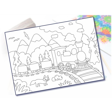Maľovanie pieskom šablóna A4 vláčik v lese