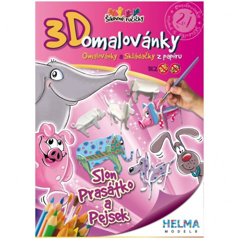 3D Maľovanka A4 - SET Slon, prasa, pes