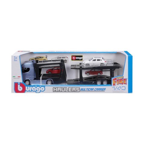 Bburago - STREET FIRE, Kamión s návesom Multicar Carrier Scania 770S + Porsche Macan, 1:43