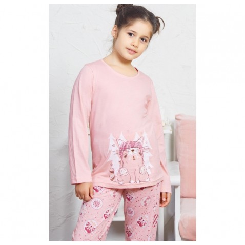 Detské pyžamo dlhé Mačka s čiapkou ružovej