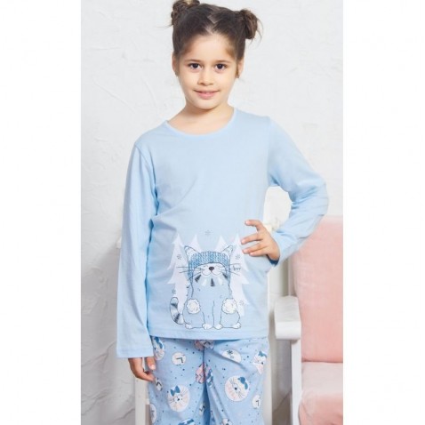 Detské pyžamo dlhé Mačka s čiapkou modré