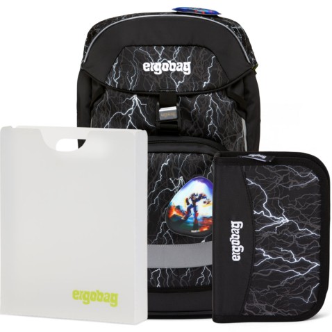Školský set Ergobag prime Black reflexný batoh+peračník+dosky