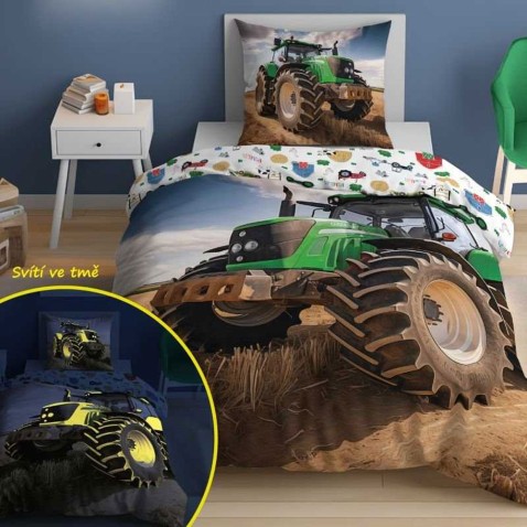 Svietiace obliečky traktor zelený