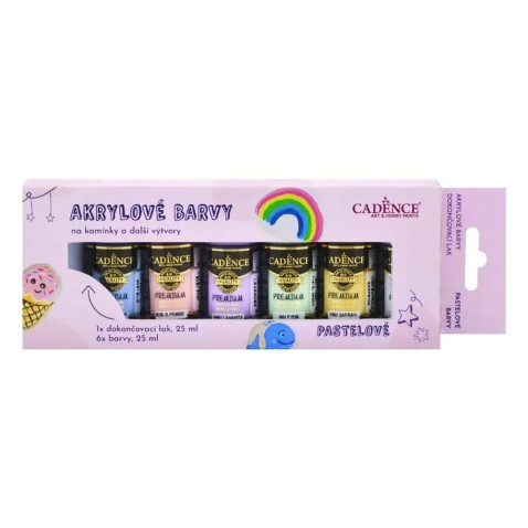 Akrylové farby na kamienky Cadence, súprava 6 ks a akrylový lak, 25 ml - pastelové
