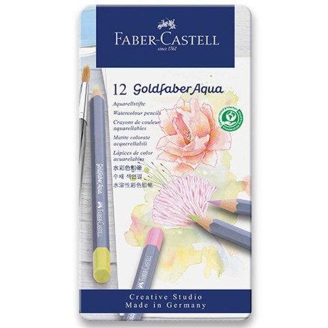 Akvarelové pastelky Faber-Castell Goldfaber Aqua Pastel plechová krabička, 12 farieb