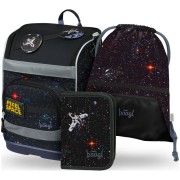Školská taška pre prváka Baagl Zippy plus Pixel Space: aktovka SET, peračník, sáčok