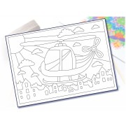 Maľovanie pieskom šablóna A4 vrtuľník v meste